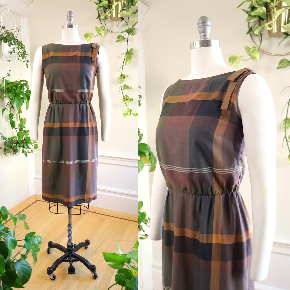 Vintage 1950s L'AIGLON Dress 50s Brown Plaid Cotton Wiggle Sheath Sundress